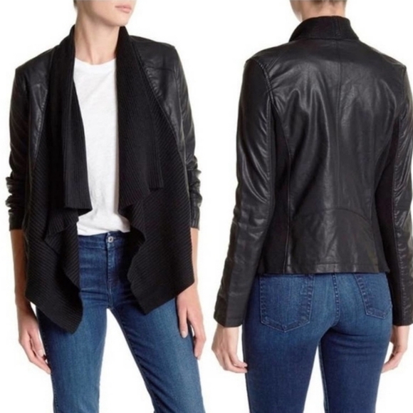 Black NYC Vegan Leather Asymmetrical Draped Jacket - Picture 1 of 7